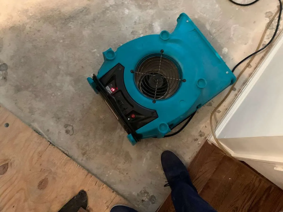 Air mover drying subfloor during Commercial Water Damage Restoration in D'Iberville